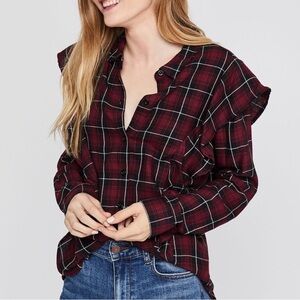 NWT BCBGeneration Plaid Ruffle Wine Red Shirt